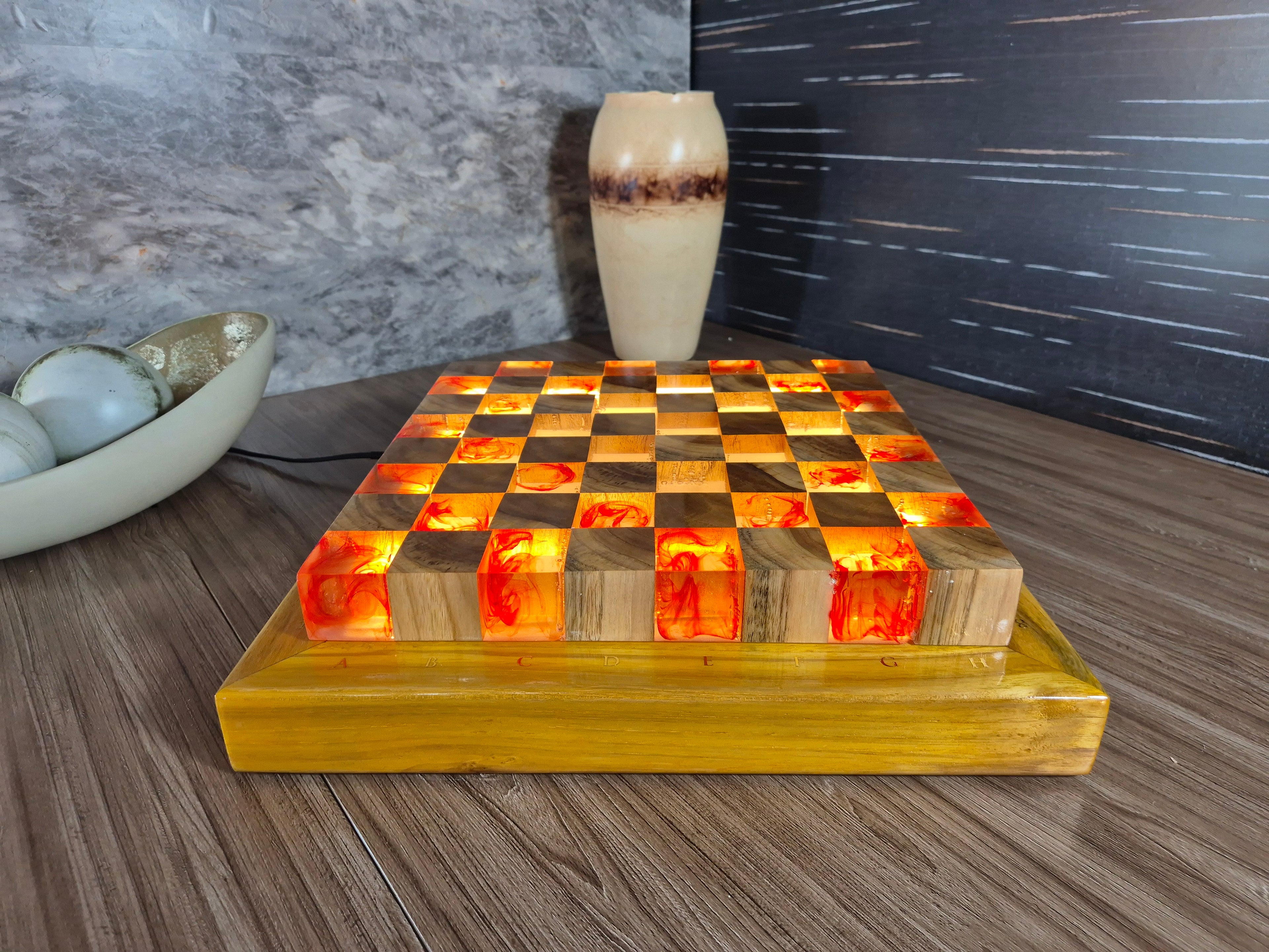 Luminous Inferno - Illuminated Teak & Resin Chess Set with Lava-Inspired Elements