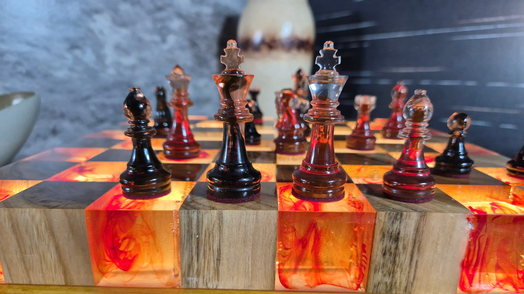 Luminous Inferno - Illuminated Teak & Resin Chess Set with Lava-Inspired Elements