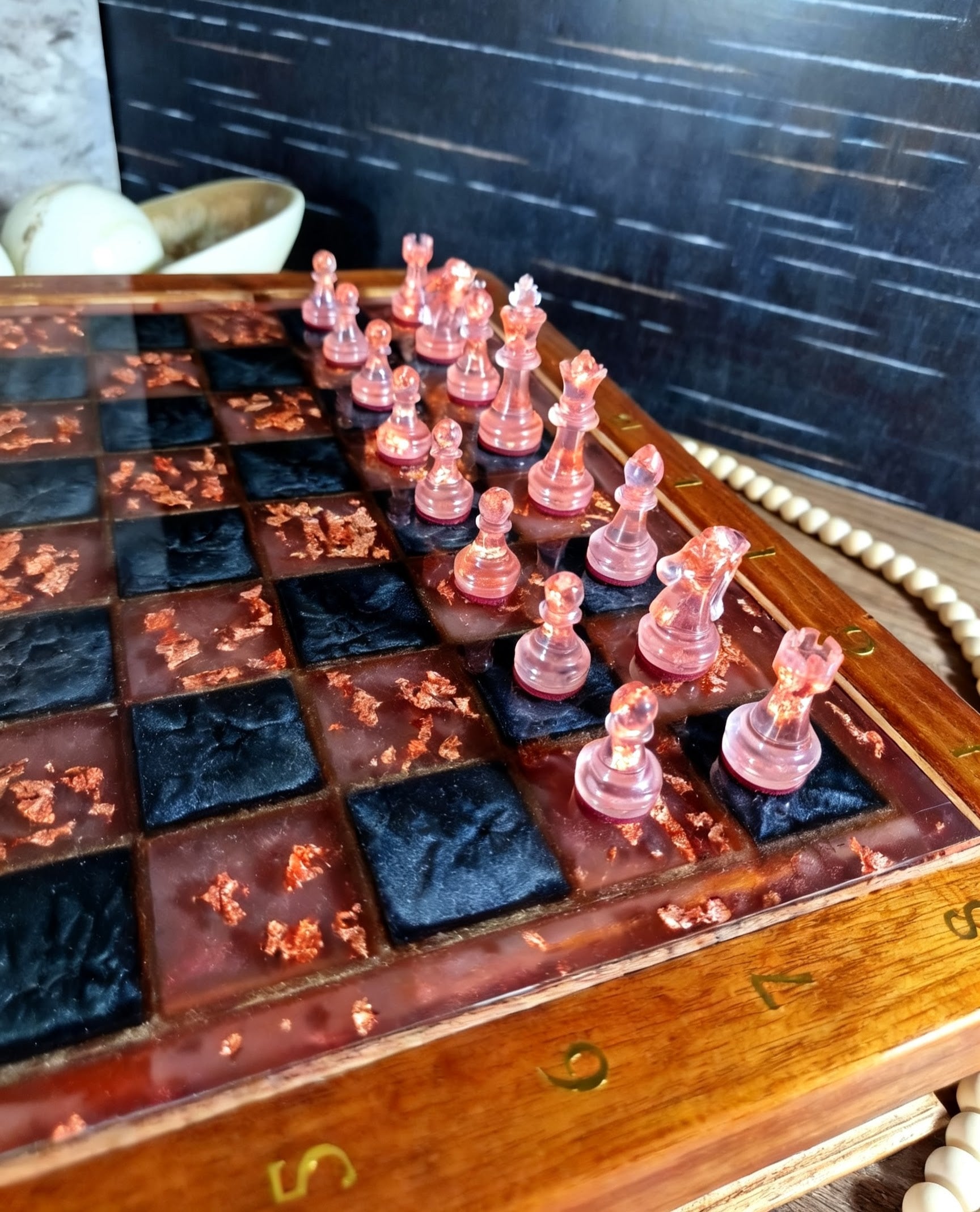 Royal Obsidian Ember, Teak Wood & Resin Chess Set with Metallic Leaf Accents