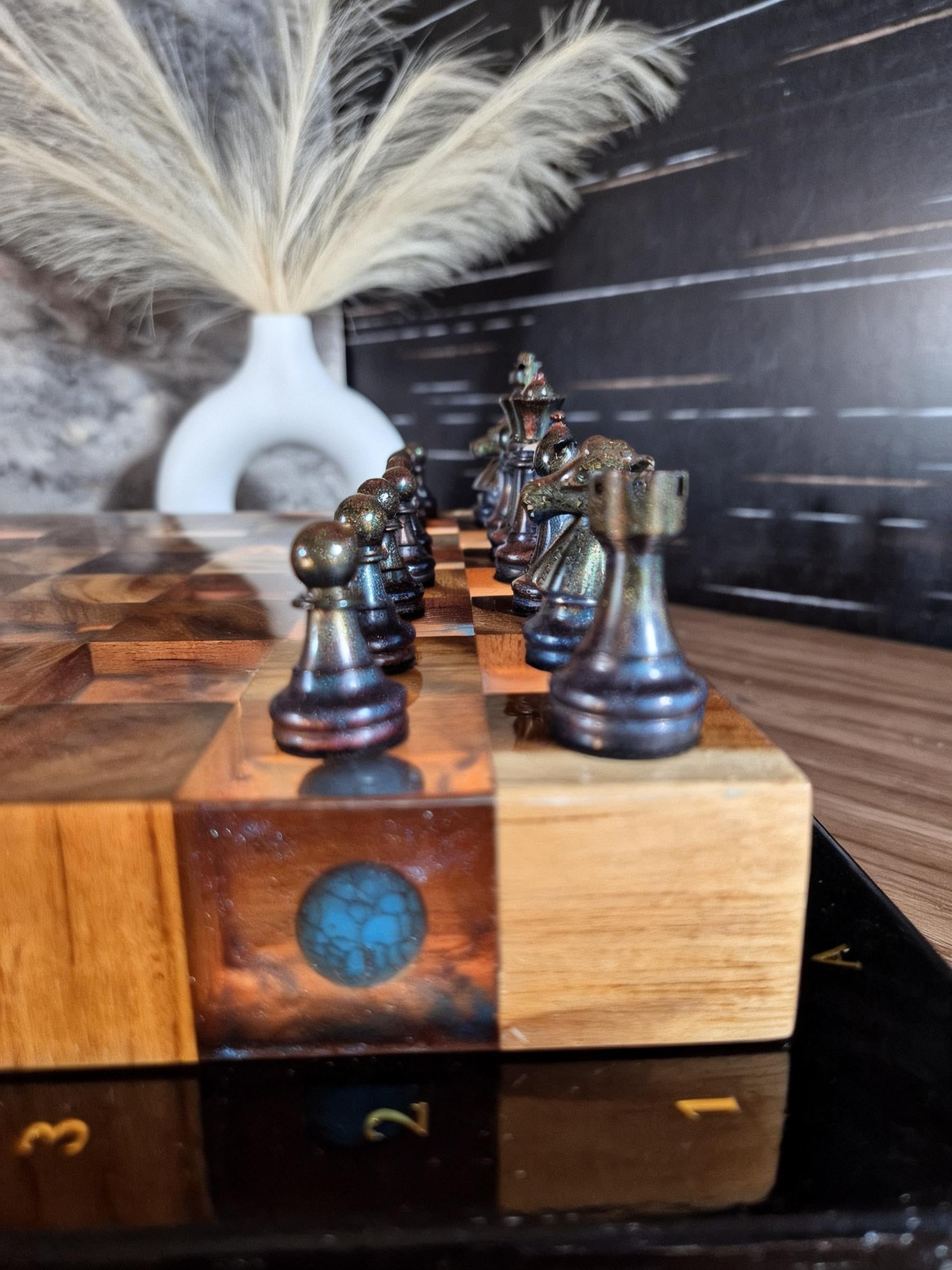 Luminous Nebula - Illuminated Teak & Resin Chess Set with Cosmic Elements