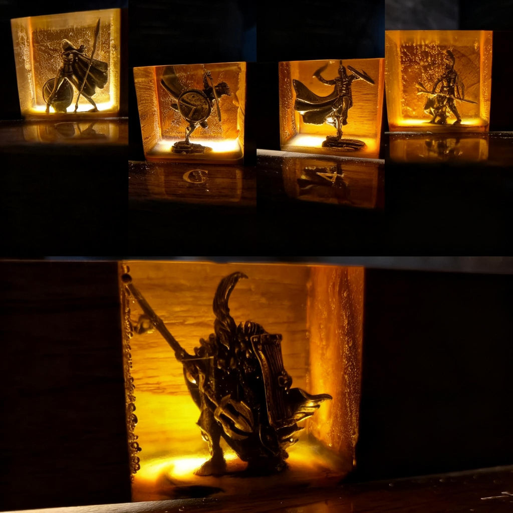 Luminous Sparta - Illuminated Teak & Resin Chess Set with Spartan Sculptural Elements